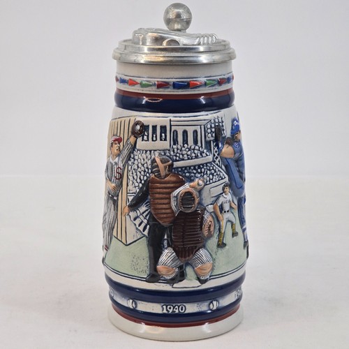 1984 Avon Baseball Stein by Ceramarte Evolution of the Game w Pewter Lid