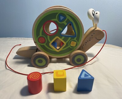 Award Winning Hape Walk-A-Long Snail Car Wooden Pull Toy Color/ Shape Sorter