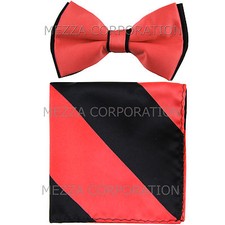 New Men's Pre-tied Bowtie And Hankie Set Two Tone Party Prom Coral Black Stripe