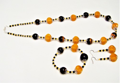 Chunky Bicone Shape Orange Luster w/Black Orange Swirl Glass Bead Neck/Brace/Ear - Picture 6 of 10
