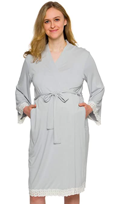 Maternity Kimono Robe, Lightweight Labor Delivery Nursing Bathrobe, Gray,  S/M - Main Image