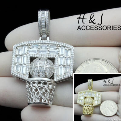 MEN 925 STERLING SILVER BLING CZ GOLD PLATED/SILVER BASKETBALL HOOP  PENDANT*P388