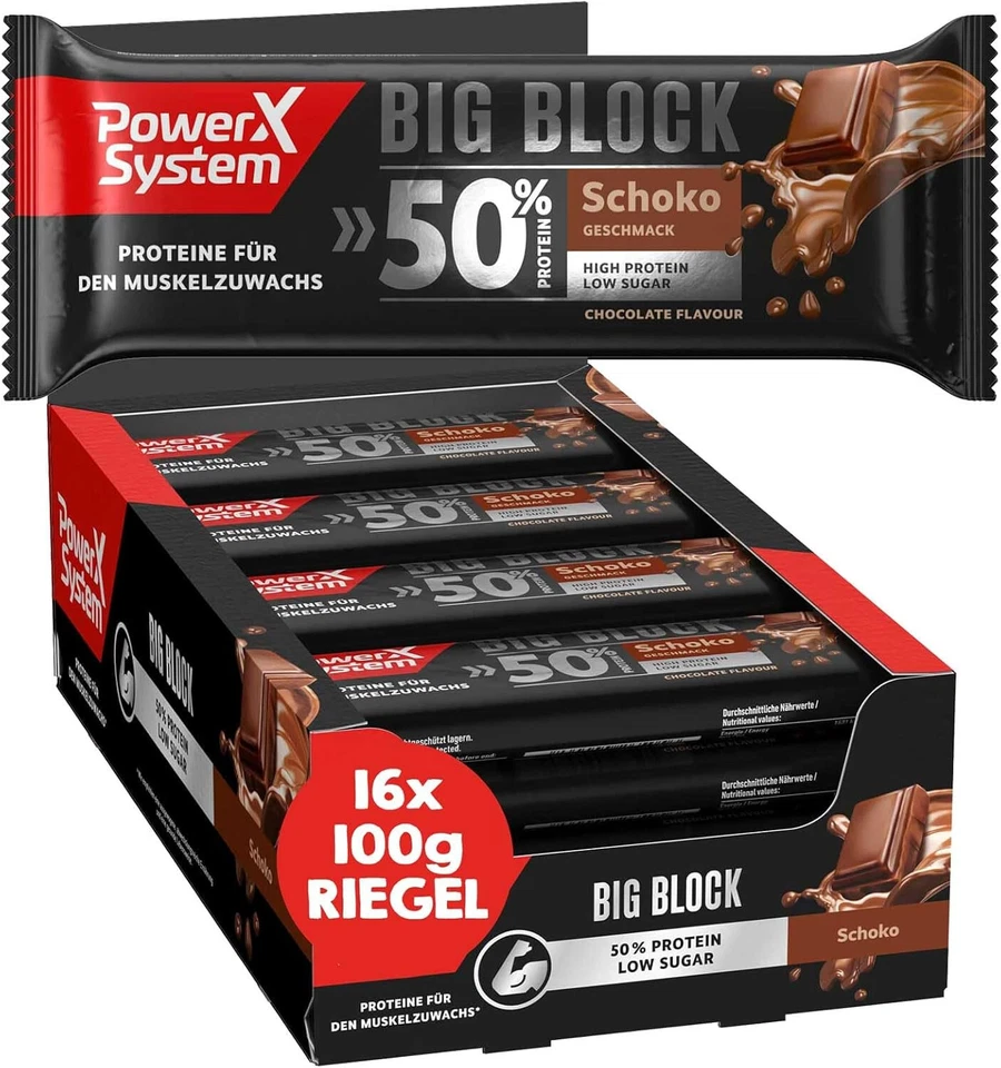 POWER SYSTEM Protein Riegel Big Block Schoko 16 x 100g 50 % Eiweiß Low Sugar Muskelaufbau
