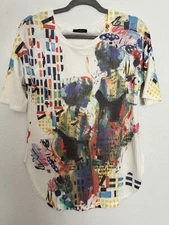 Inoah Blouse Top Short Sleeve Size S Art To Wear Colorful Women Graphic USA