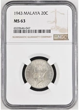 MALAYA 20 Cents 1943, NGC MS 63 Choice UNC / BU, Silver KGVI, First Date.  S2