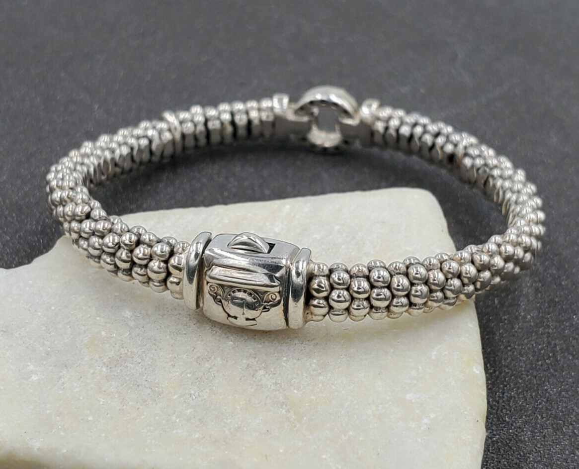 Estate LAGOS 18K Gold 925 Sterling Diamond Circle Caviar 6mm Bracelet 5