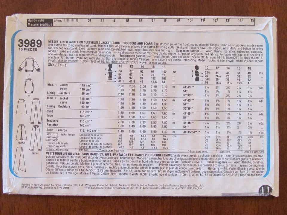 STYLE PATTERN - 3989 LADIES LINED JACKET VEST A-LINE SKIRT PANTS SCARF 16 UNCUT - Image 2 of 2