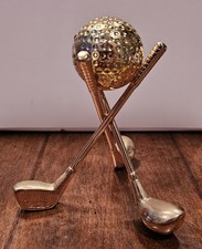 Vtg Golf Ball on Brass Tripod Desk Deco Paperweight Gold Tone Card Holder