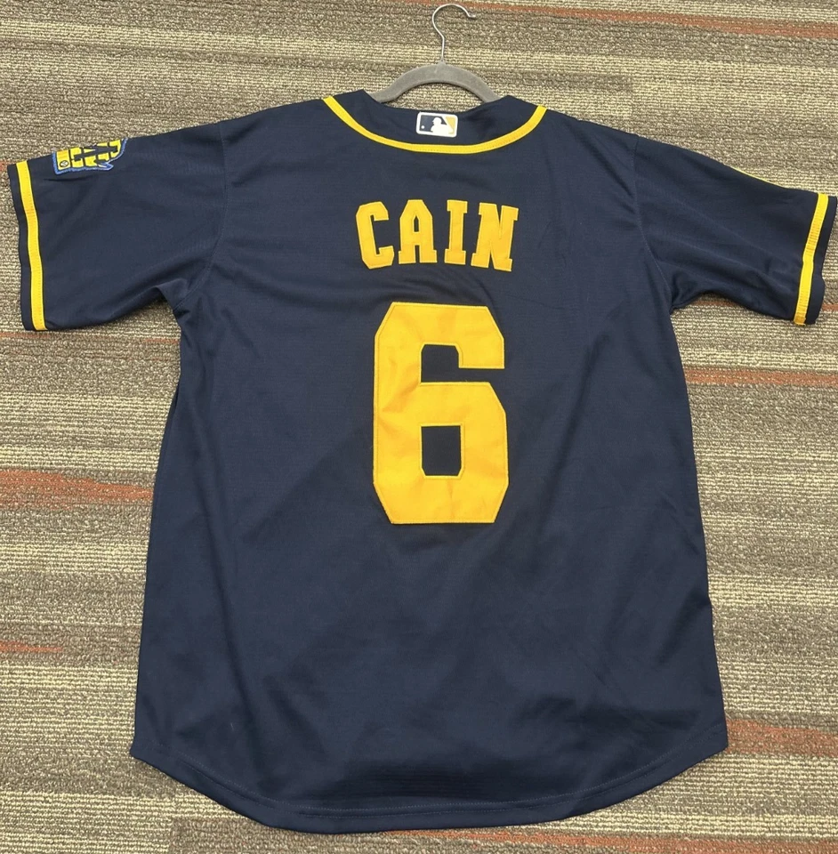 Camiseta deportiva gris Nike Lorenzo Cain #6 Milwaukee Brewers 50 aniversario talla grande Foto 2 de 4