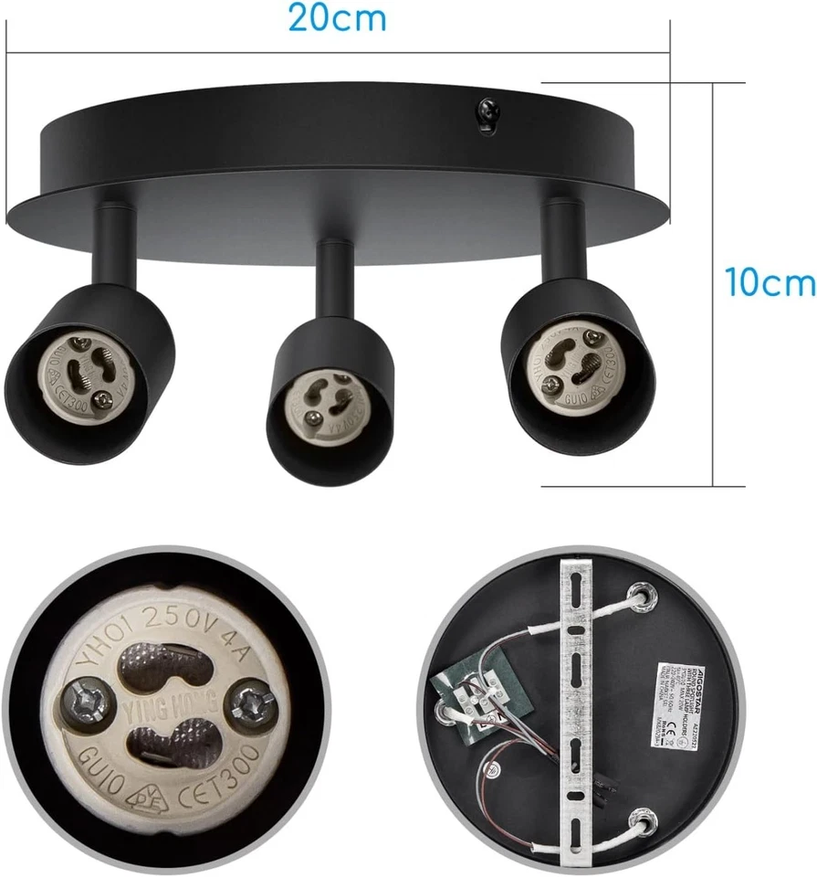 Aigostar Plafoniera 3 Faretti Orientabili GU10 Ø200mm Nera Per Interni - Immagine 4 di 4