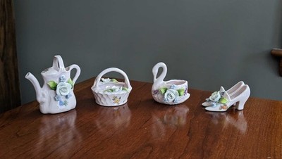 Lot of VTG German Porcelain Lavender Figurines w/ Applied Flowers Trinket Holder