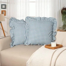 Covers ONLY, Set of 2, Smoke Blue Scalloped Cotton Plaid Gingham Ruffle Dr 
