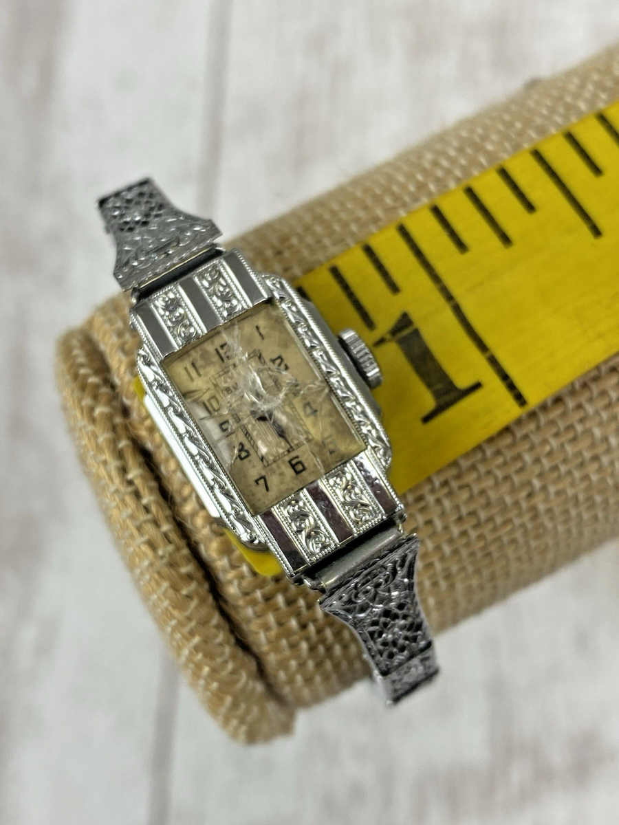 1920s Vintage Bulova Ladies Filigree White metal wrist watch  display picture 1