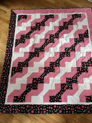 Quilted Red and white Black Cherries Cherry   Pattern Pieced Handmade Excellent
