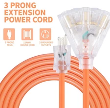 12/3 SJTW Orange Extension Cord with 3 Electrical Power Outlet 6/10/15/25/50FT