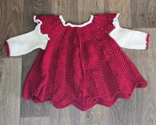 Handmade Crochet Baby Dress Red White Long Sleeve 6 12 Months Holiday Christmas