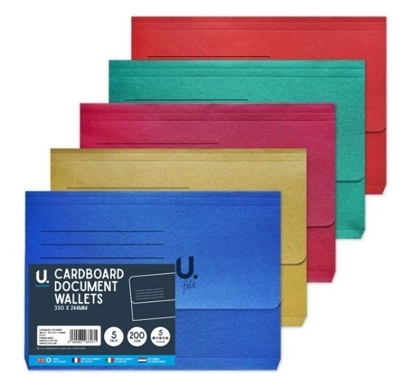 5 x A4 Cardboard Document Wallets 5 popular colours and eco-friendly design