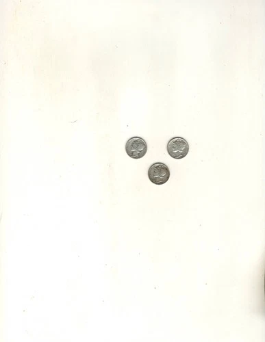 3 Mercury Dimes, 1935, 1941-S, 1942  , Circulated, Good Cond, 90% Silver