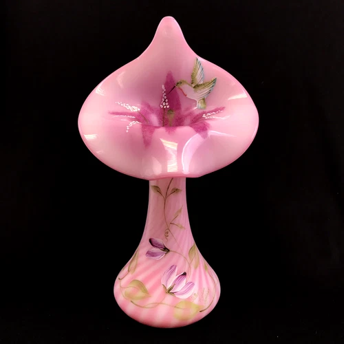 Fenton Pink Rosalene Spiral Optic Glass JIP Vase, Hummingbird Signed Caplinger