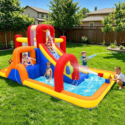 Inflatable Water Slide, 10 in 1 Water Park Bounce House with Splash Pool, 2 Slid