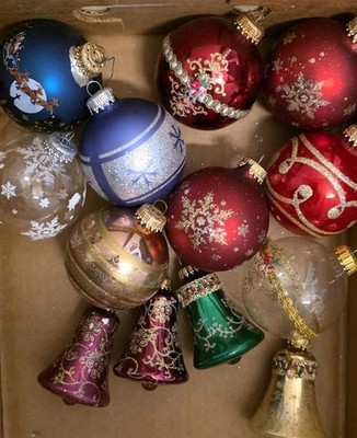 13 Vtg Christmas by Krebs Assorted Hand Decorated Glass Ornaments Round,Bells