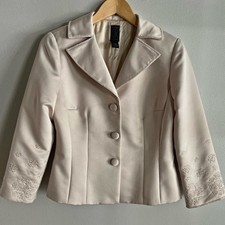 Vintage Cream Satin Blazer Beaded Floral Jacket Ivory Wedding Chic 6