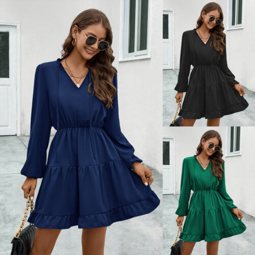 Dress Solid V-Neck Women A-Line Knee Length Long Sleeve Tied Long Sleeve Dress