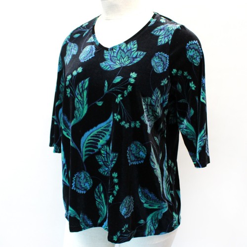Haut Catherines Taille 1X – Imprimé Floral Bleu/vert – Manches 3/4 évasées – Transparent – Occasion Parfaite