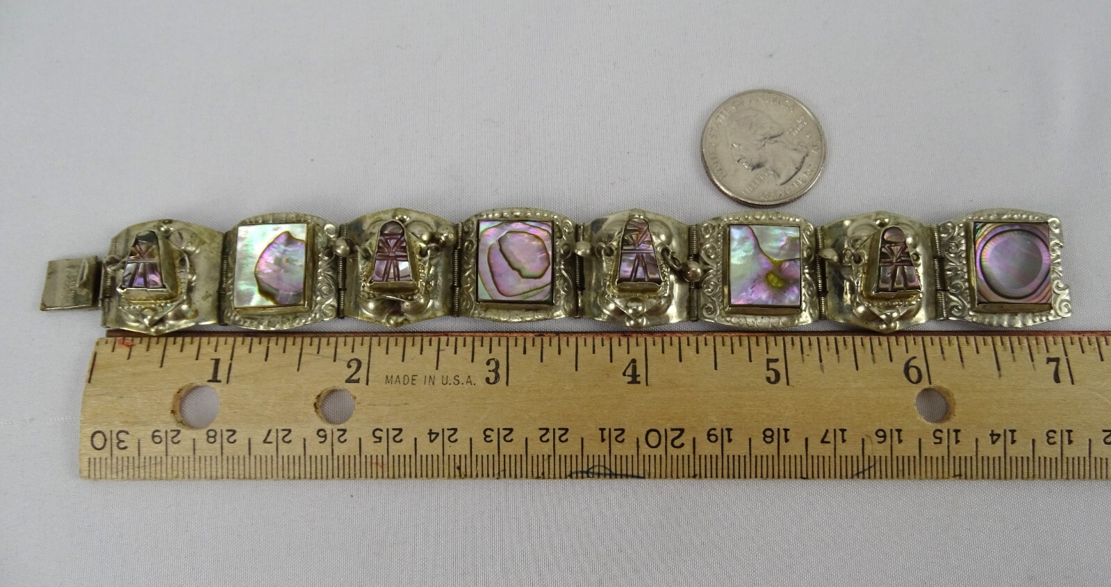 Abalone Shell Panel Bracelet clasp marked Taxco 9… - image 11