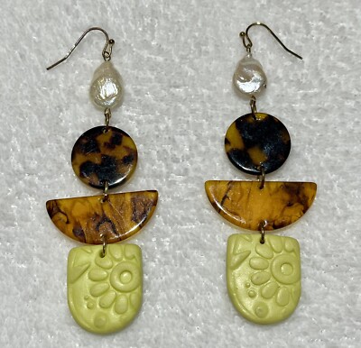 Artisan Crafted Fresh Water Pearl Tortoiseshell Polymer Clay Earrings Boho
