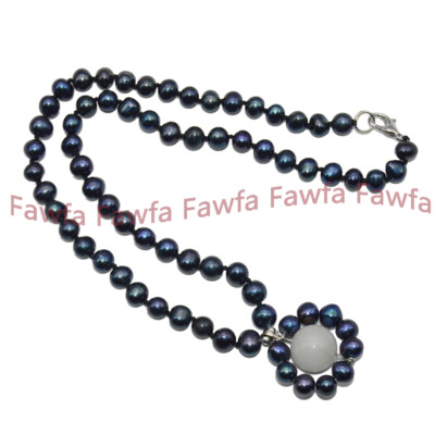 Natural 6-7mm Black Freshwater Pearl Round White Jade Gems Pendant Necklace 18''