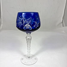 Ajka Marsala Crystal Cut to Clear  8-3/8 Wine Glass Hock Stem Cobalt Blue MCM