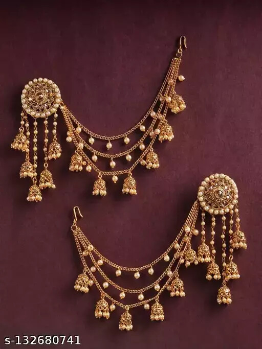 New Stylus Gold Plated Pearl Kundan Bahubali Earring with Hair