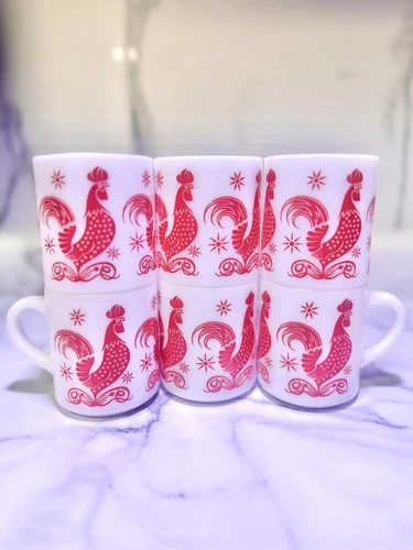 Vintage White And Red Chicken Rooster Starburst Mug Milk Glass - Set Of Six (6)