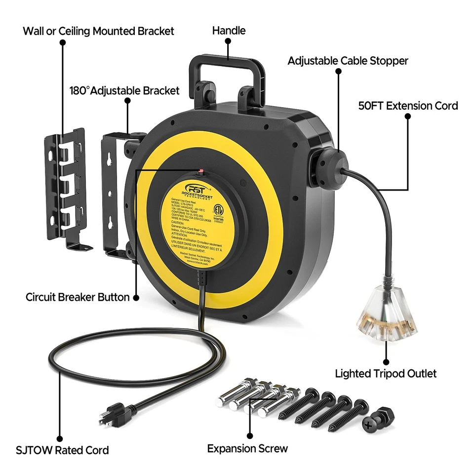 Heavy Duty Retractable Extension Cord Reel with Lighted 3 Outlets Tap,UL Listed - Image 2 of 4