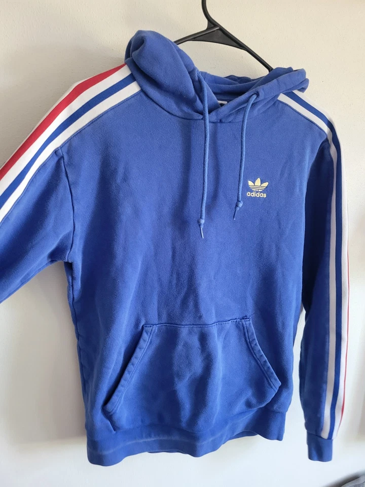 1990s Adidas Blue Hoodie Pullover Men's Small Sleeve Stripe Trefoil Blue - Image 3 of 4