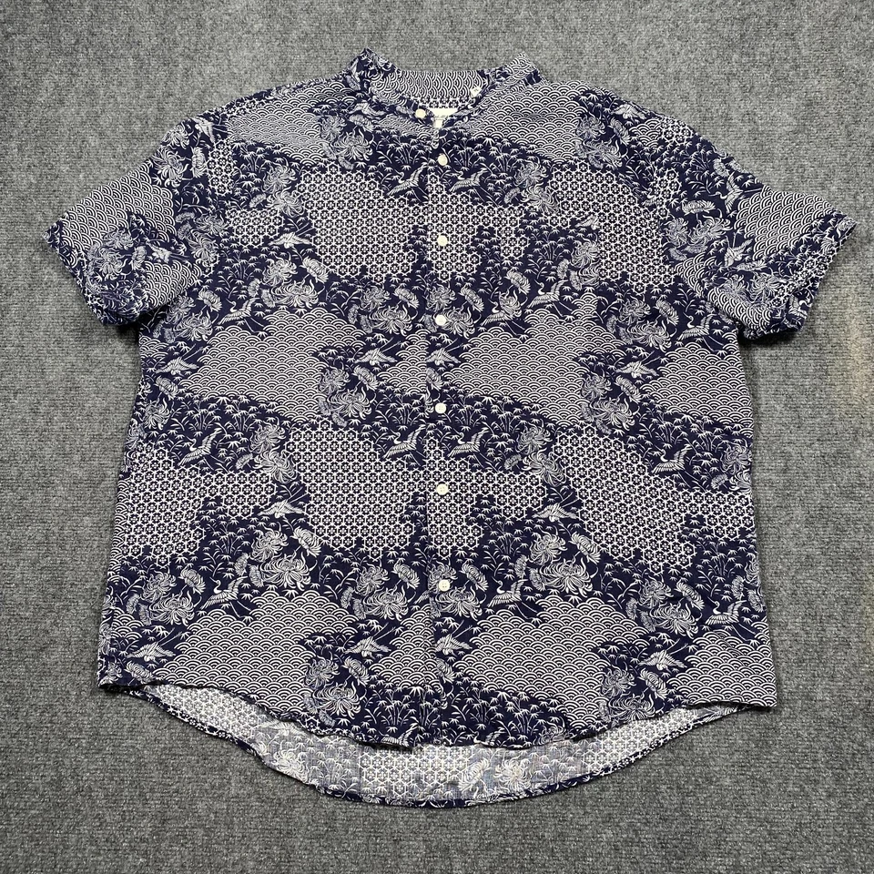 Baird McNutt Linen Shirt Mens XL Navy Mandarin Collar Short Sleeve Button Up - Image 2 of 4