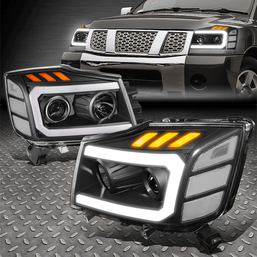 FOR 04-15 NISSAN TITAN ARMADA U-LED DRL SIGNAL PROJECTOR HEADLIGHTS BLACK/CLEAR - Picture 1 of 11
