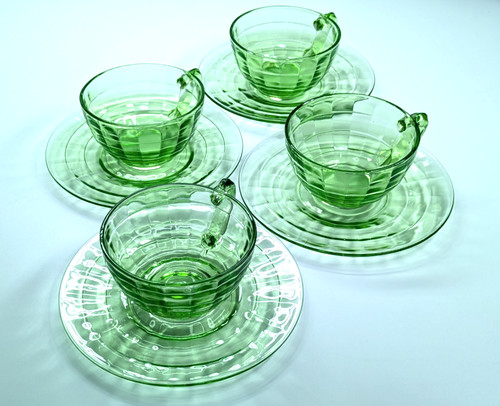VTG Set of 4 Anchor Hocking Block Optic Uranium Depression Glass Cups & Saucers