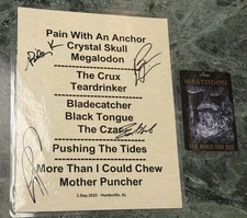MASTODON Laminated Autographed Signed SETLIST  2022 concert tour + VIP Fan Pass