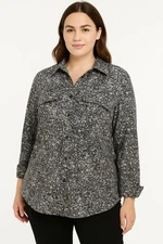 Lands’ End Women’s M Floral Button Up Shirt Long Roll Tab Sleeve Black Gray