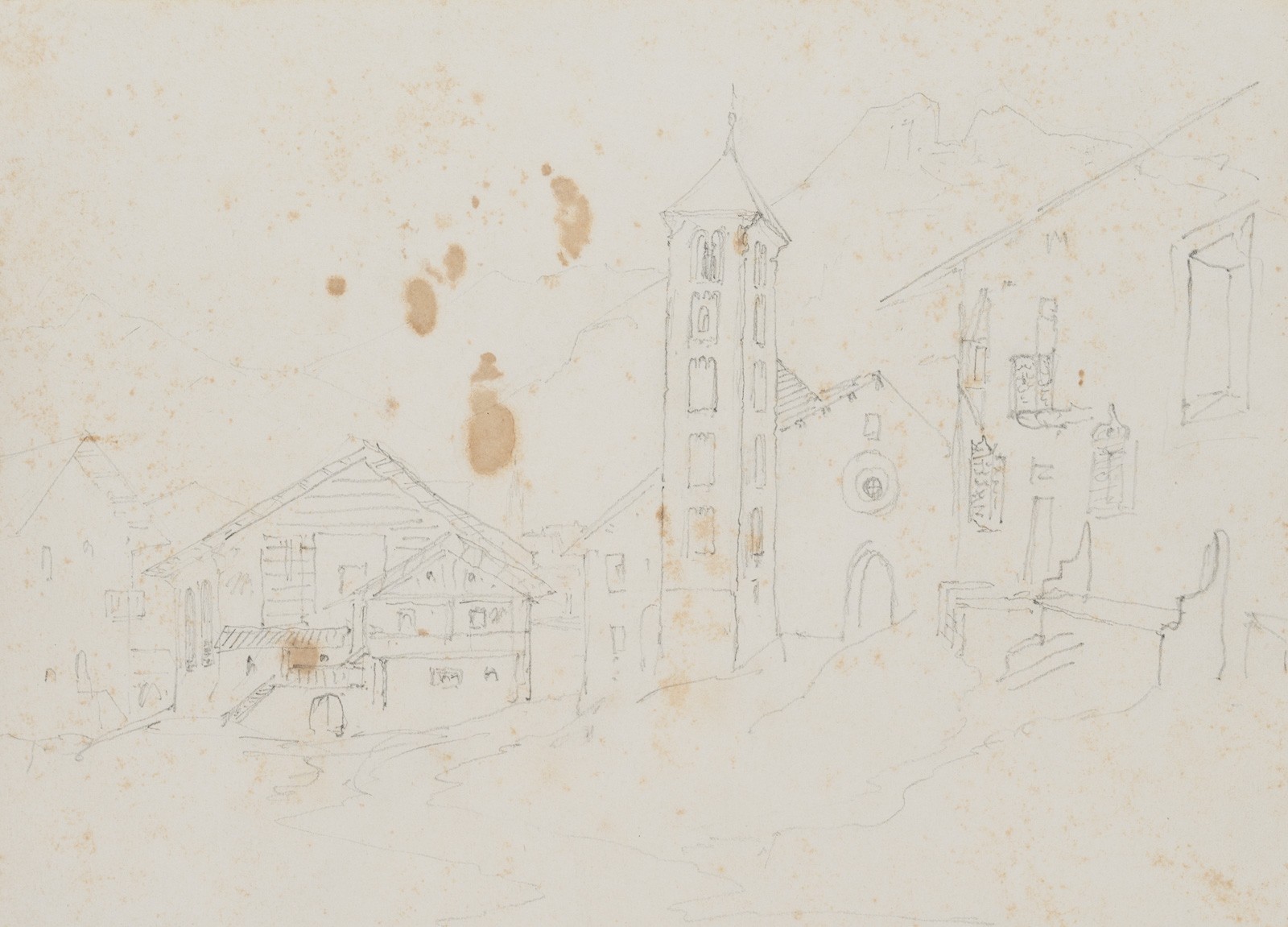 T. WEBER (1813-1875), vista pueblo en Tirol, lápiz paisaje romántico