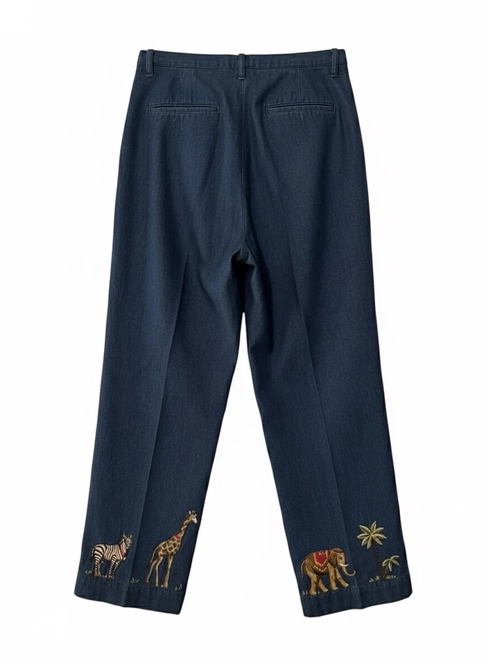 Anne Carson Vtg Elephant Zebra Giraffe Blue Denim Cropped Pants Sz 6 Side Zip - Image 3 of 4