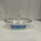 Vintage Blue Green Floral Print Glasbake Casserole Dish Milk Glass 2qt 10”