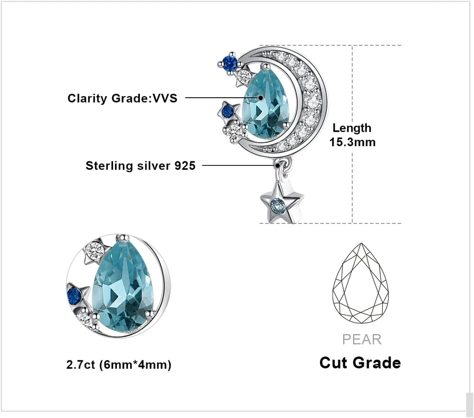 Mond und Stern Tropfenschliff 2.2ct Blautopas Saphir Ohrstecker Silber 925 - Bild 2 von 4
