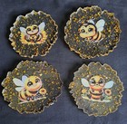 4 X DECORATIVE BEE COASTERS (SET 1) TRANSPARENT WITH FAUX GOLD LEAF. BEES