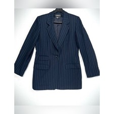 Vintage 90s Navy Blue Pinstripe Blazer Size 10 Single-Button 100 Pure New Wool