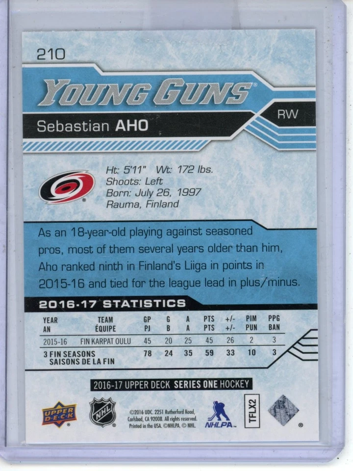 2016-17 Upper Deck Sebastian Aho YOUNG GUNS #210 Rookie - Imagem 2 de 2