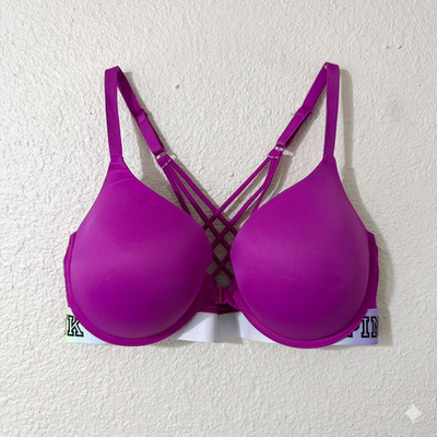 Victorias Secret 38D PINK Magenta Purple Front Close Strappy Push Up Bra