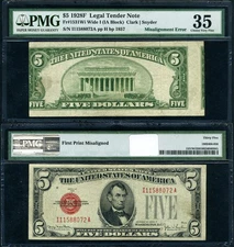 FR. 1531 Wi $5 1928-F Legal Tender ERROR Misalignment PMG Choice VF35